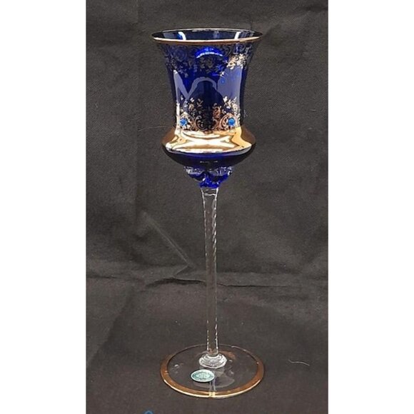 Vintage Blue Balboa Venetian Gold Gilded Crystal Twisted Stem Wine Glass With In - Picture 1 of 5